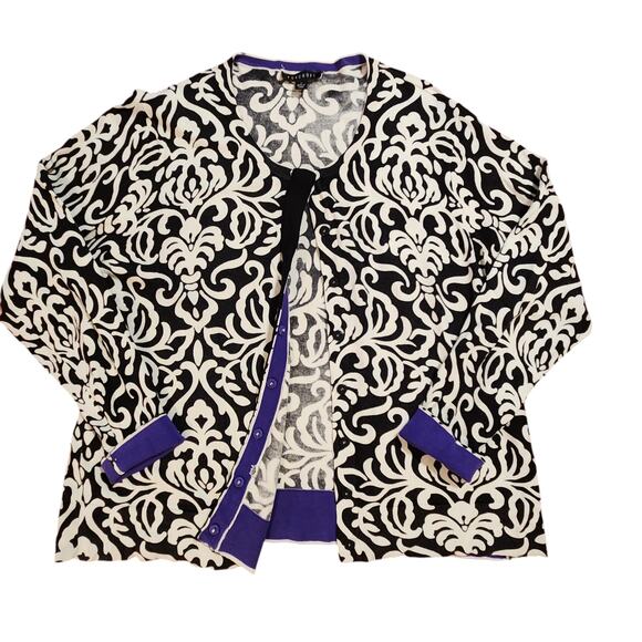 Foxcroft Cardigan Sweater Black & White, Purple Accents Button Front size 1X - Picture 1 of 12